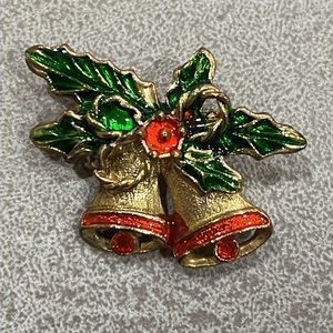 Vintage Christmas Bells Brooch Holly Berry Holiday Jewelry Pin